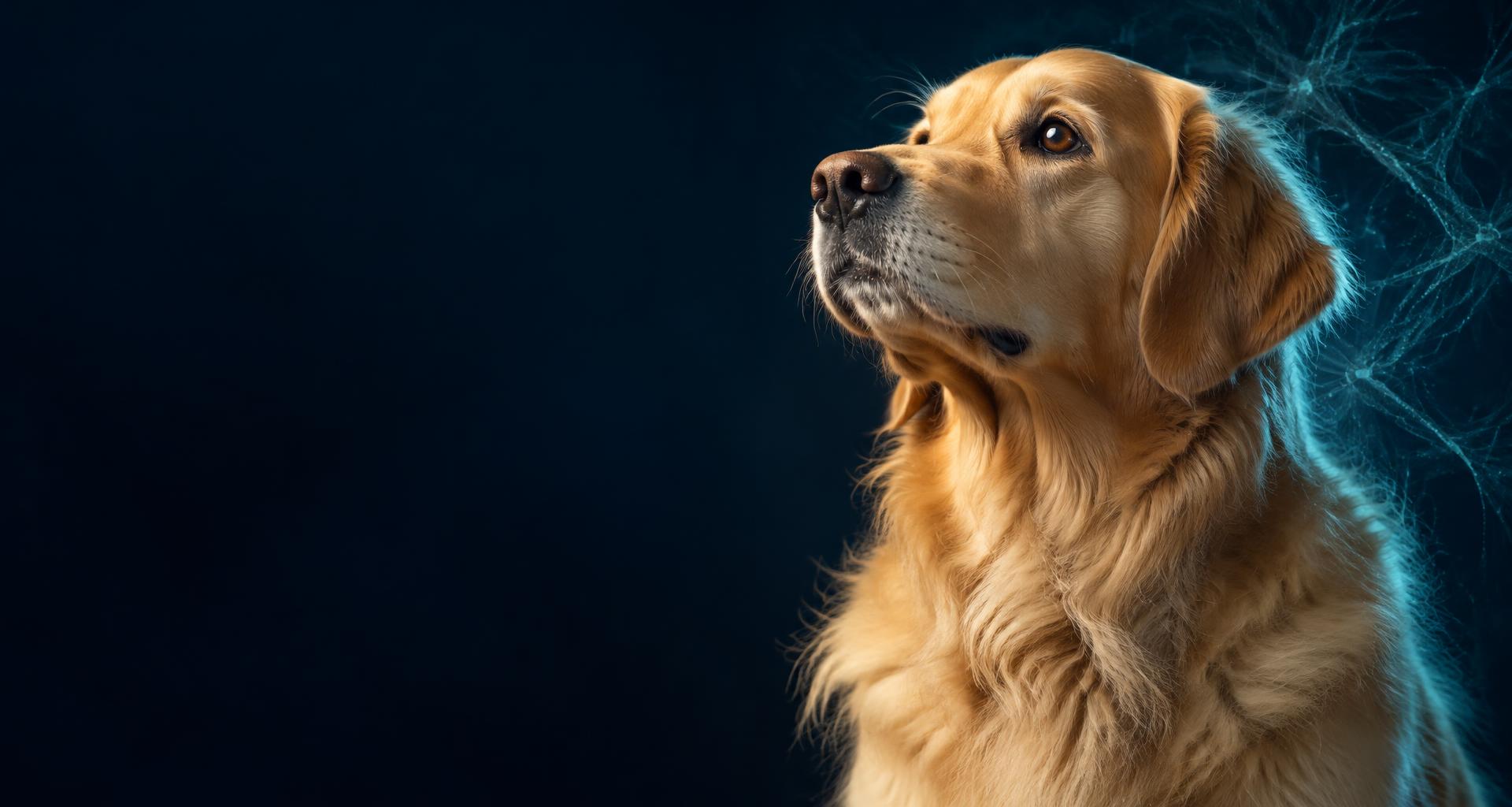 A healthy golden retriever, illuminated by soft teal light
